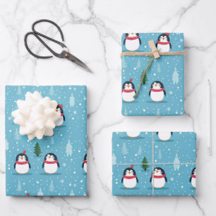 Niedliche Pinguine auf Light Blue mit Schneeflocke Geschenkpapier Set