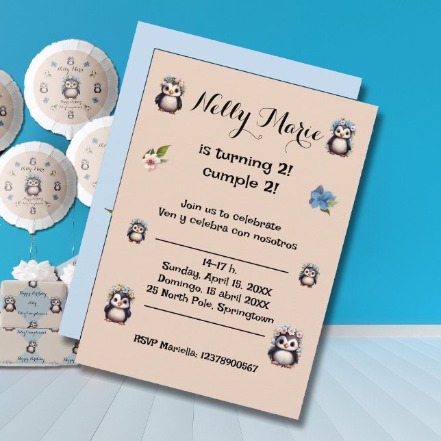 Niedliche Pinguine Bezeichnung zweisprachiger Text Einladung (Bilingual birthday invitation cute penguins. Multilingual Project. customizable and personalized)