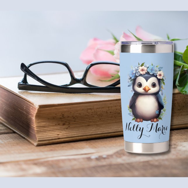 Niedliche Pinguine Blue Individuelle Name & Initia Thermobecher (Cute penguins insulated Tumbler. custom name and initials. Multilingual project.)