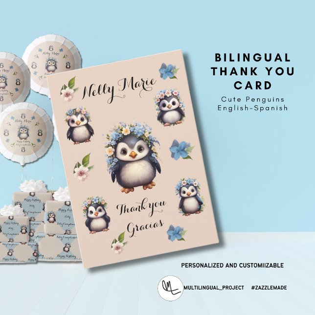 Niedliche Pinguine Danke Gracias Card (Bilingual Thank you Gracias Card cute penguins. personalized. Multilingual Project.)
