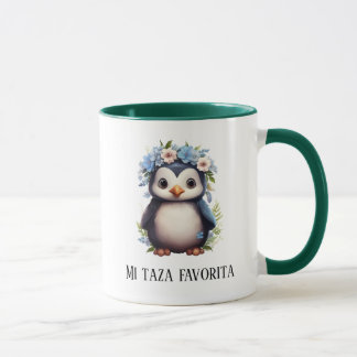 Niedliche Pinguine, die sich auf den Text "Green C Tasse