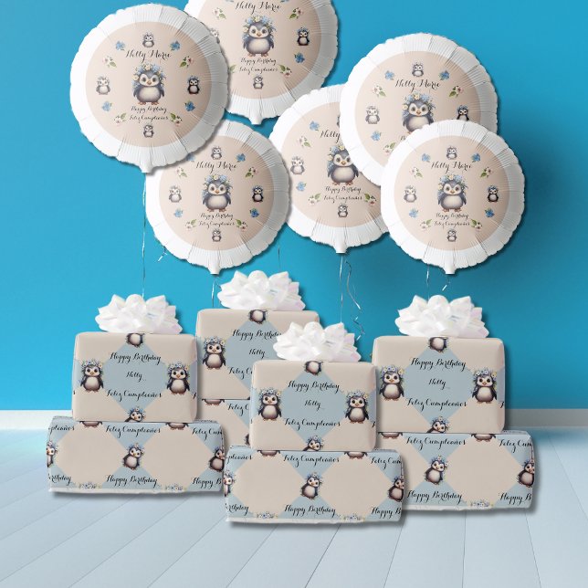 Niedliche Pinguine für Girl Bilingual Happy Birthd Geschenkpapier (Cute Penguins, Bilingual Wrapping Paper. Customizable, personalized. Multilingual Project)