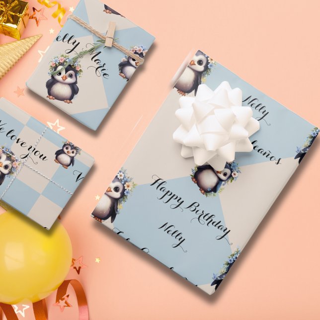 Niedliche Pinguine für Girl Bilingual Happy Birthd Geschenkpapier Set (Penguins Bilingual text wrapping paper. Feliz Cumpleaños, Happy Birthday, & name. Multilingual proje)