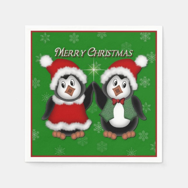 Niedliche Pinguine Green Frohe Weihnachten Napkins Serviette (Vorderseite)