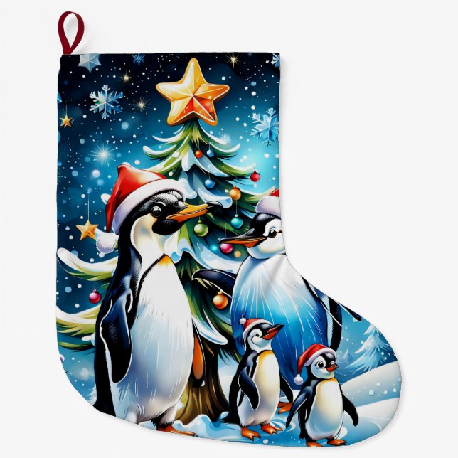 Niedliche Pinguine im fröhlichen Stil des Cartoon, Großer Weihnachtsstrumpf (Vorderseite)