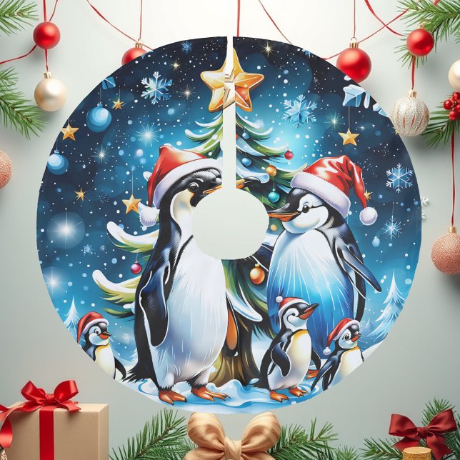 Niedliche Pinguine im fröhlichen Stil des Cartoon, Polyester Weihnachtsbaumdecke (Von Creator hochgeladen)