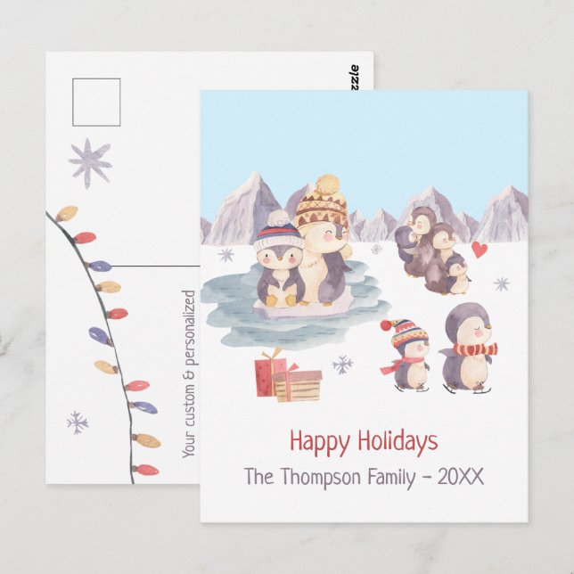 Niedliche Pinguine im Schnee - Happy Holidays Postkarte (Vorne/Hinten)