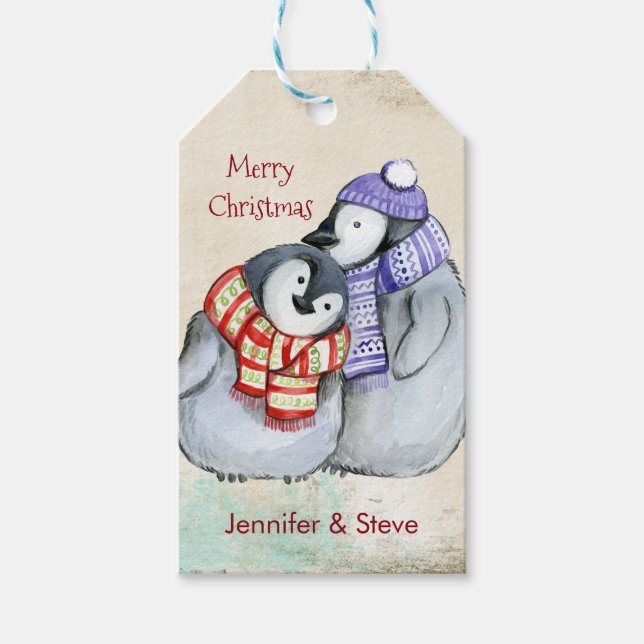 Niedliche Pinguine in Winterskarven und Hasen Geschenkanhänger (Vorderseite)