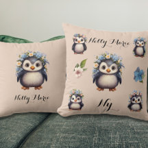 Niedliche Pinguine mit Blume Name & Monogramm Beig
