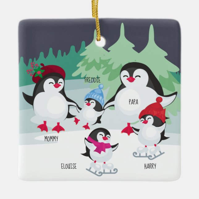 Niedliche Pinguine mit Familiennamen von 5 Jahren Keramikornament (Vorderseite)