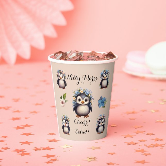 Niedliche Pinguine mit Namen Bilingual Salud Cheer Pappbecher (Insitu)