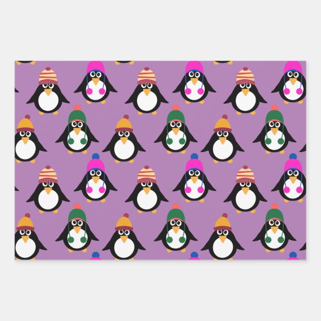 Niedliche Pinguine mit Winterhüten Geschenkpapier Set (Vorderseite)