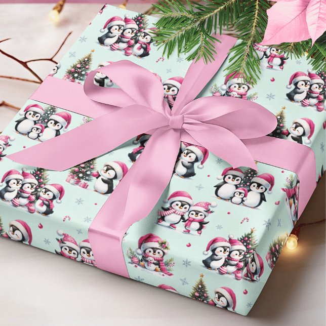 Niedliche Pinguine Muster Minze und Pink Weihnacht Geschenkpapier (Von Creator hochgeladen)