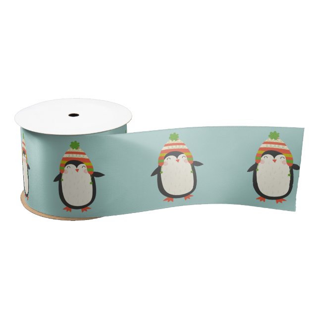 Niedliche Pinguine Pattern - Aqua Green Christmas Satinband (Spule)