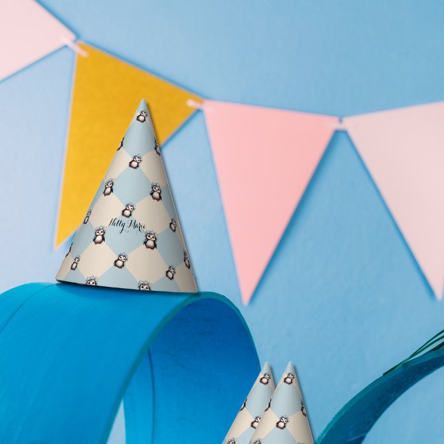 Niedliche Pinguine Personalisiert Partyhütchen (Cute Penguins paper hats, Name, bilingual text or monogram customised. Multilingual Project.)