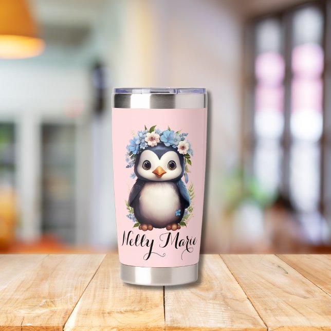 Niedliche Pinguine Rosa Individuelle Name & Initia Thermobecher (Pink Insulated Tumbler custom name & initials, Bilingual text. Multilingual Project)