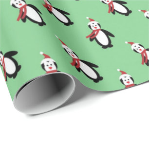 Niedliche Pinguine Weihnachtsmannmütze Leicht Grün Geschenkpapier