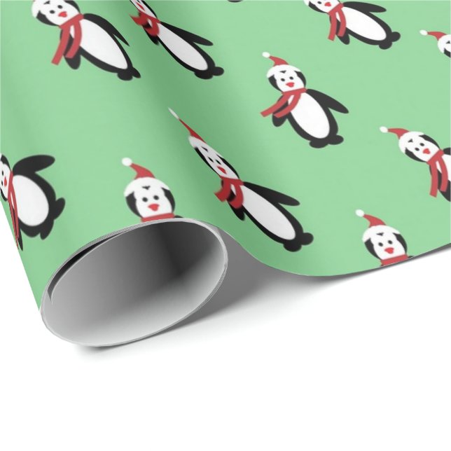 Niedliche Pinguine Weihnachtsmannmütze Leicht Grün Geschenkpapier (Rolleneckpunkt)