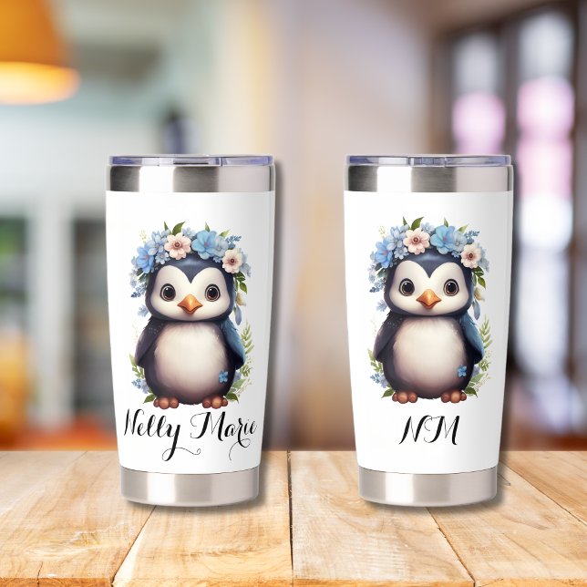 Niedliche Pinguine Weißer Individuelle Name & Init Thermobecher (Bilingual white insulated tumbler, custom name & initials, Multilingual Project)