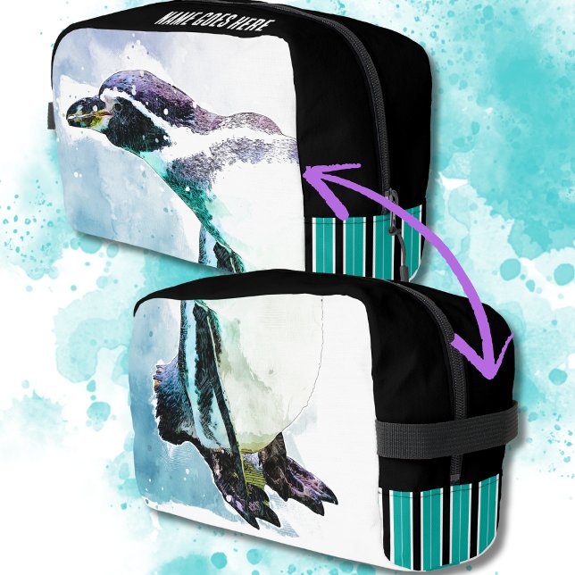 Niedliche Pinguinschwarz und Aquamarine Wasserfarb Waschbeutel (Cute Penguin Watercolor Style Custom Name Toiletry Bag is perfect for travel, vacation, or every day)