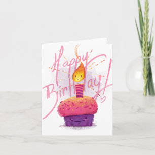 Niedliche Pink Cupcake & Cartoon Candle Birthday C Karte