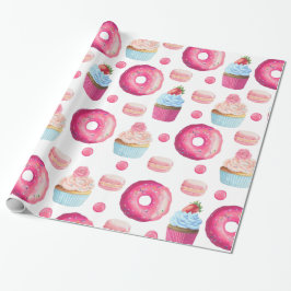 Niedliche Pink Doughnut und Cupcakes auf Weiß Geschenkpapier
