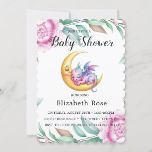 Niedliche Pink Dragon und Peony Girl Babydusche Einladung