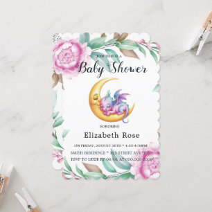 Niedliche Pink Dragon und Peony Girl Babydusche Einladung