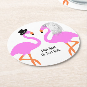 Niedliche Pink Flamingos Bride & Groom Wedding Runder Pappuntersetzer