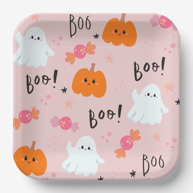 Niedliche Pink Ghost und Pumpkin Halloween Paper T Pappteller (Vorderseite)