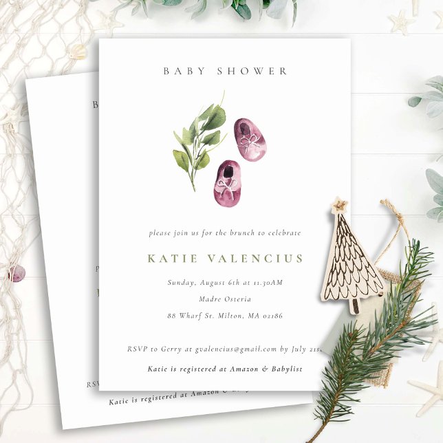 Niedliche Pink Green Shoes Foliage Girl Babydusche Einladung (Von Creator hochgeladen)