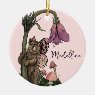 Niedliche Pink Grizzly Bärenfarne im Wald Keramik Ornament