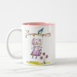 Niedliche Pink-Katze am Swing Zweifarbige Tasse