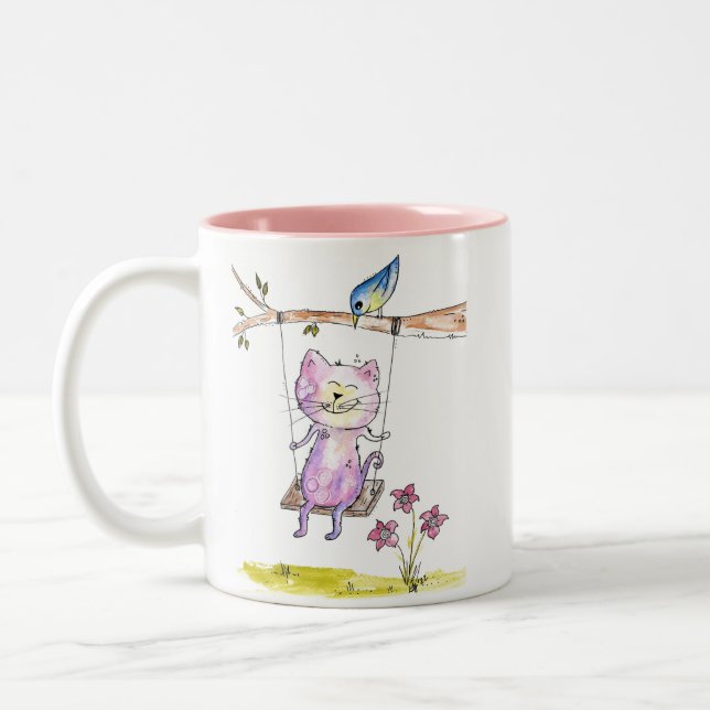 Niedliche Pink-Katze am Swing Zweifarbige Tasse (Links)