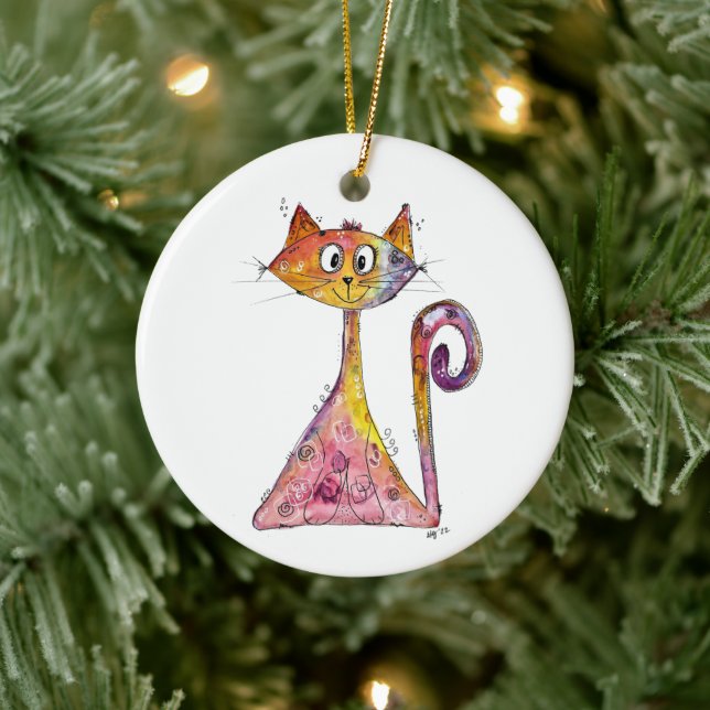 Niedliche Pink-Katze Keramik Ornament (Baum)