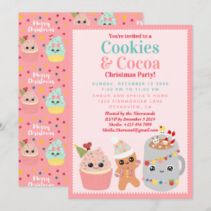 Niedliche Pink Kawaii Cookies und Kakao Weihnachts Einladung