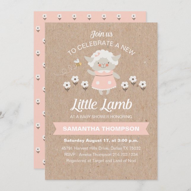 Niedliche Pink Lamb Baby Girl Dusche Einladung (Vorne/Hinten)