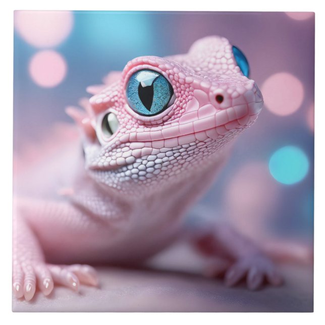 Niedliche Pink-Lizard mit Big Blue Eyes Fliese (Vorderseite)