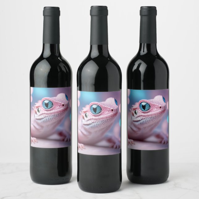 Niedliche Pink-Lizard mit Big Blue Eyes Weinetikett (Flaschen)