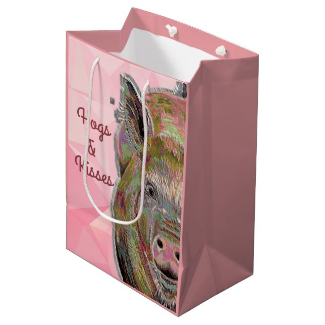 Niedliche Pink Piggy Hogs und Kisses Pastel Zeichn Mittlere Geschenktüte (Vorderseite Schrägansicht)