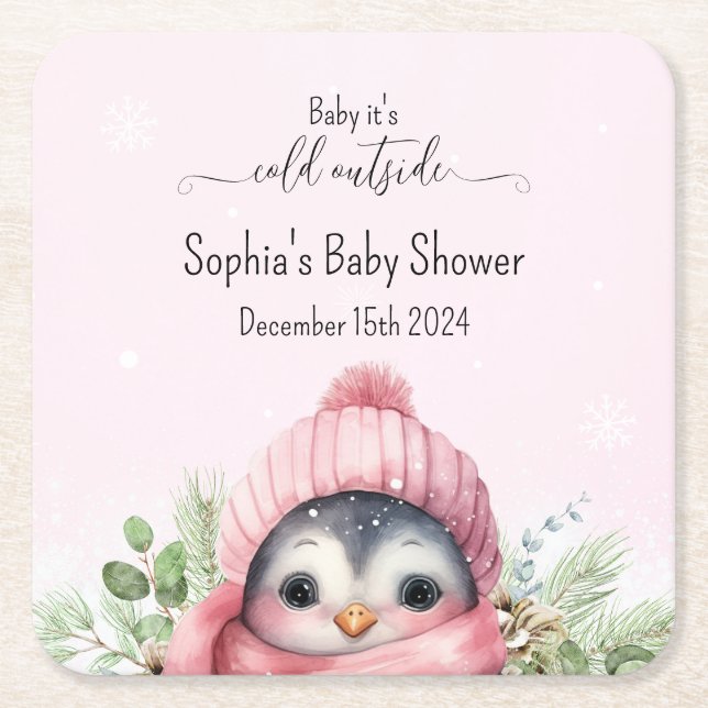 Niedliche Pink Pinguin Winter Kinderdusche Rechteckiger Pappuntersetzer (Vorderseite)