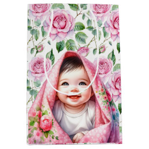 Niedliche Pink Roses und Lächeln Baby Girl Babydus Mittlere Geschenktüte