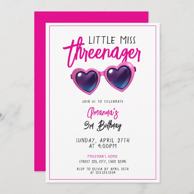 Niedliche Pink-Sonnenbrille Drohenager 3. Geburtst Einladung (Vorne/Hinten)