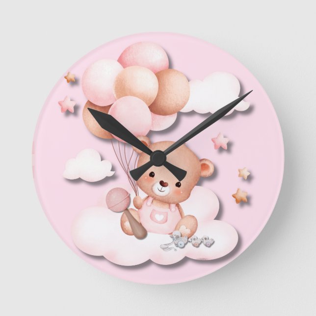 Niedliche Pink Teddy Bär Kinderzimmer Wall Clock Runde Wanduhr (Vorderseite)