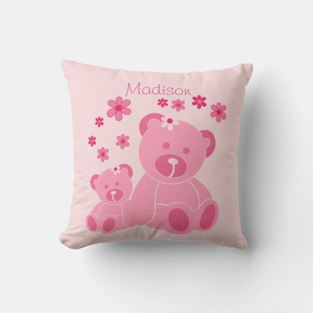 Niedliche Pink Teddy Bären und Blume Personalisier Kissen (Vorderseite)