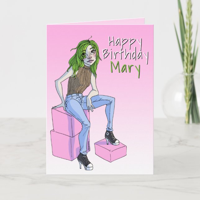 Niedliche Pink Teen Girl Illustration Geburtstag Karte (Vorderseite)