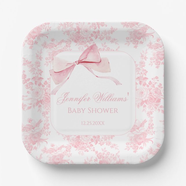 Niedliche Pink Toile Floral Bow Baby Girl Dusche Pappteller (Vorderseite)