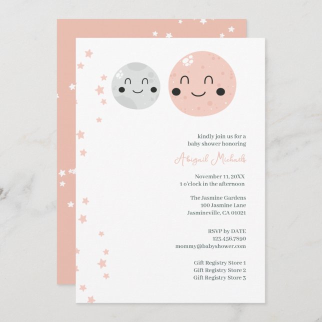 Niedliche Pink und Gray Planets Kindermädchendusch Einladung (Vorne/Hinten)