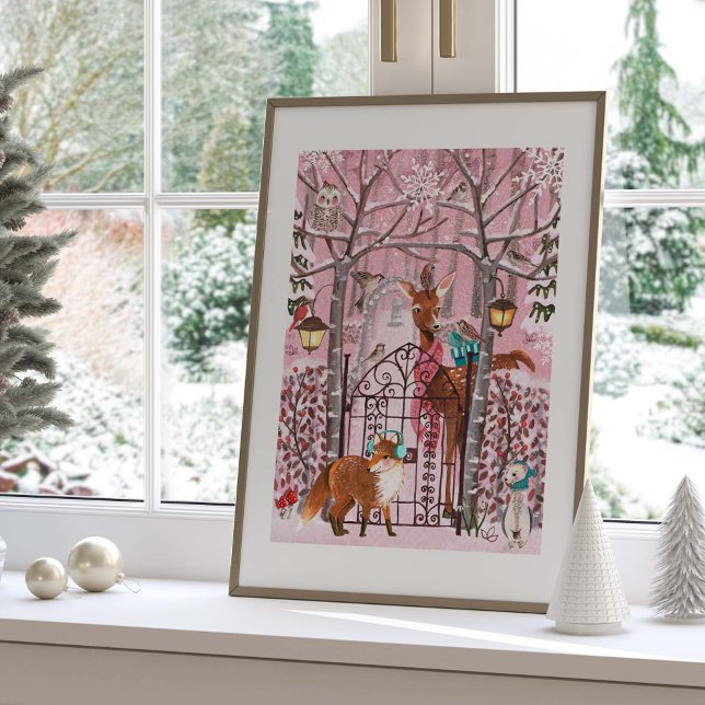 Niedliche Pink Winter Woodland Tiere Urlaub Poster (Cute Pink Winter Woodland Animals Holiday Poster)