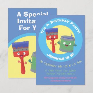 Niedliche Pinsel- und Zeichenkarikaturenfiguren Einladung